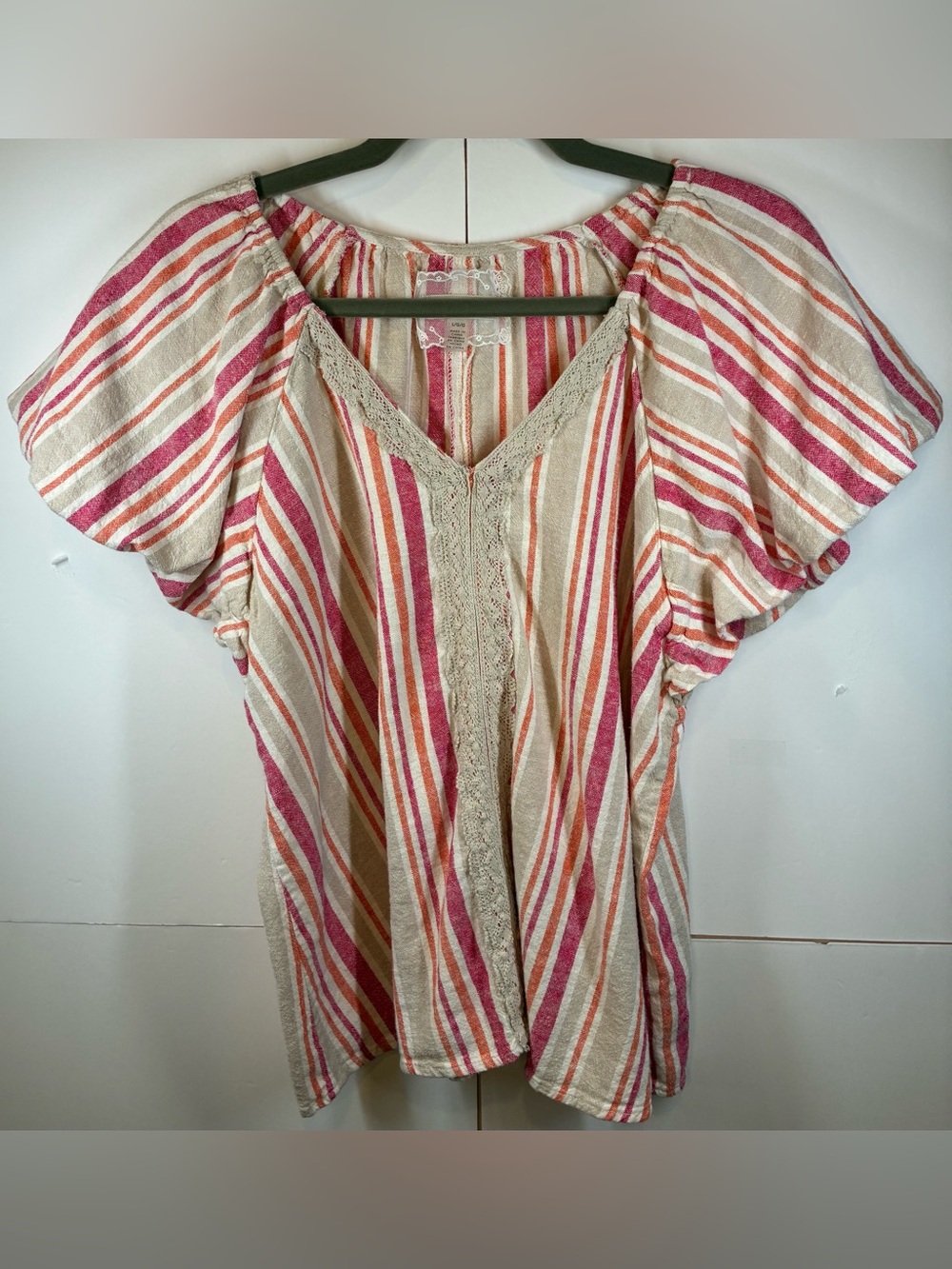 Cupio Linen Blend Striped Boho Blouse Pink Coral Crochet Trim Size Large